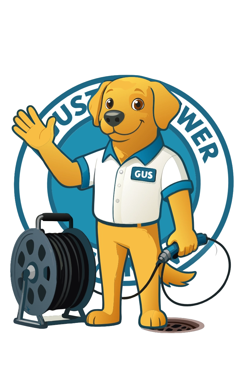 GUS the mascot with drain cleaning equipment